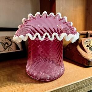 VTG Fenton Art Cranberry Art Glass Hat Vase Swirl Pattern White Glass Border